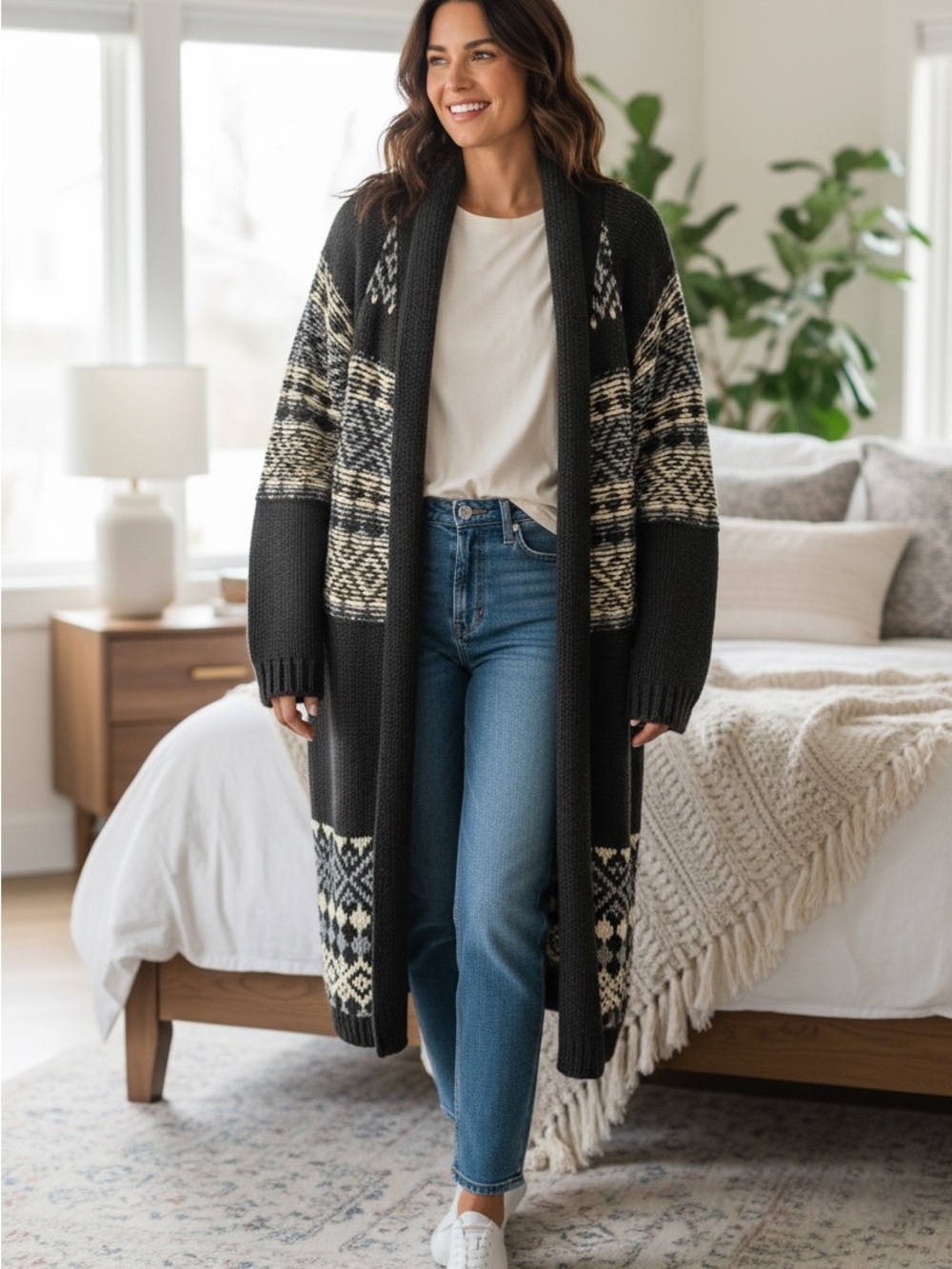 Long Black Open-Front Cardigan with Cream Pattern